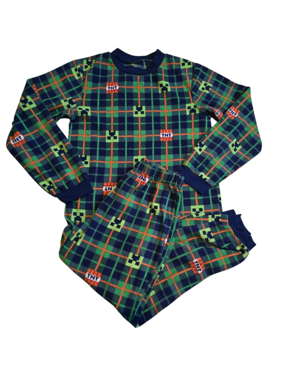 Kids Minecraft Green Plaid Fleece TNT Pajama Set M 8/10